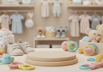 The image depicts a warm and inviting baby's nursery filled with soft toys, clothes, and a wooden display.