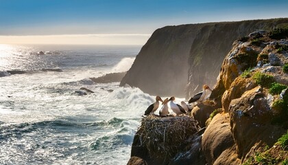 birds nesting on cliffside with ocean crashing below high tension landscape coastal wildness nesting detail