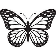 A black and white graphic illustration of a butterfly with detailed wing patterns and antennae on transparent background