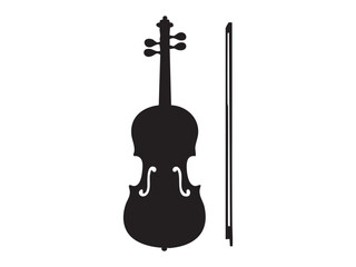 Black silhouette of violin and bow, isolated on white background, graphic illustration. concept of musical instrument, classical string music, icon, logo, design element