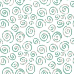 Seamless abstract geometric pattern. Background in green, beige, white. Illustration. Lines, meanders, circles. Design for textile fabrics, wrapping paper, background, wallpaper, cover.