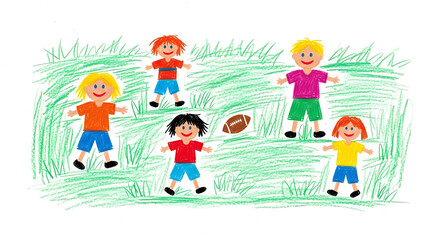 Fototapeta premium Child's crayon drawing of children playing ball on a grassy field, with bright colors, joyful expressions, and a lively, energetic scene of outdoor play