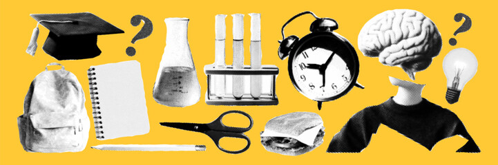 School supplies collage with science lab, brain, light bulb and backpack in halftone pop art design.