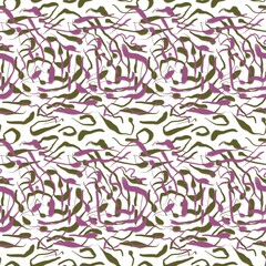 Seamless abstract textured pattern. Simple background with green, magenta, white texture. Digital brush strokes. Lines, dots. Design for textile fabrics, wrapping paper, background, wallpaper, cover.