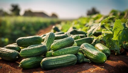 freshly harvested cucumbers on a farm during the summer season