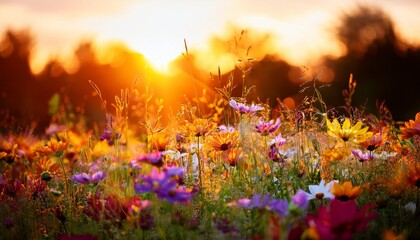 golden hour with vibrant summer blooms under setting sunlight