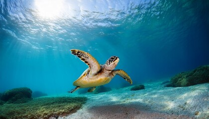 graceful turtle swimming in clear tropical waters with sunbeams illuminating scene