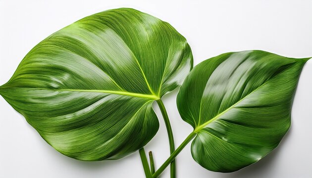 leaves of a green tropical plant of the species epipremnum aureum poto on a white background