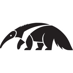 A stylized black anteater with a long snout walking on a white background in a simple illustration on transparent background
