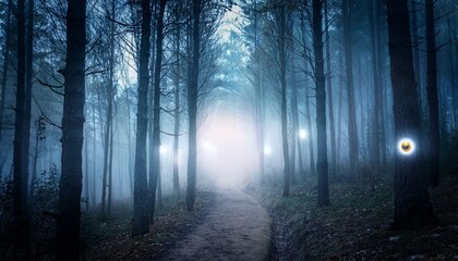 mysterious foggy forest path with eerie glowing eyes