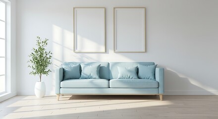 Sunlight streams into a minimalist living room, illuminating a pale blue sofa and two empty picture frames.