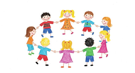Fototapeta premium Child's drawing depicts a circle of children holding hands, seemingly hand drawn with soft wax crayons, capturing childlike simplicity. Child's drawing shows wobbly lines