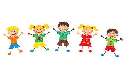 Fototapeta premium Naive childish drawing depicting group of smiling kids with arms outstretched. Childish drawing illustration uses vibrant colors and simple shapes against a plain white background.
