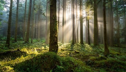 serene moss covered forest with tall trees reaching skyward illuminated by soft low angle sunlight filtering through mist creating tranquil and ethereal atmosphere