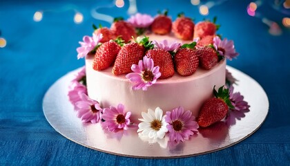 stunning celebration cake adorned with fresh strawberries and flowers