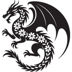 A black dragon with wings and flowers on its body on a white background in a vector illustration on transparent background