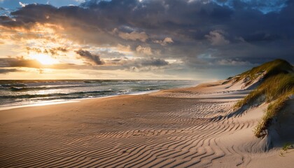tranquil beach scene with rolling waves white sand dunes and dramatic cloudy sky at sunset coastal landscape