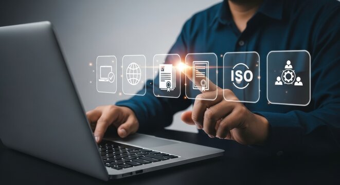 Man using laptop with iso certification icons hovering above the keyboard and his hands visible