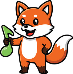 Cute cartoon fox holding green musical note cheerful animal character vector illustration 