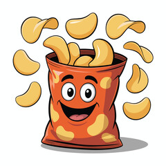Happy cartoon bag of potato chips flying out with a smile