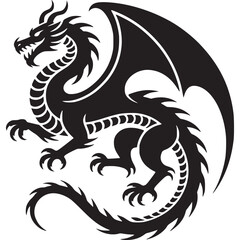 A stylized black dragon with large wings and sharp claws on a light gray background illustration on transparent background