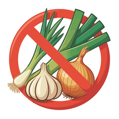 Forbidden alliums including garlic onion and leeks with a red prohibition sign