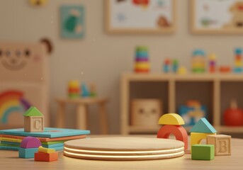 Wooden podium with colorful blocks, ideal for kids' products and educational concepts.