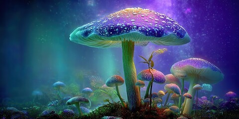 Mystical journey through a psychedelic forest filled with magical mushrooms and celestial wonders