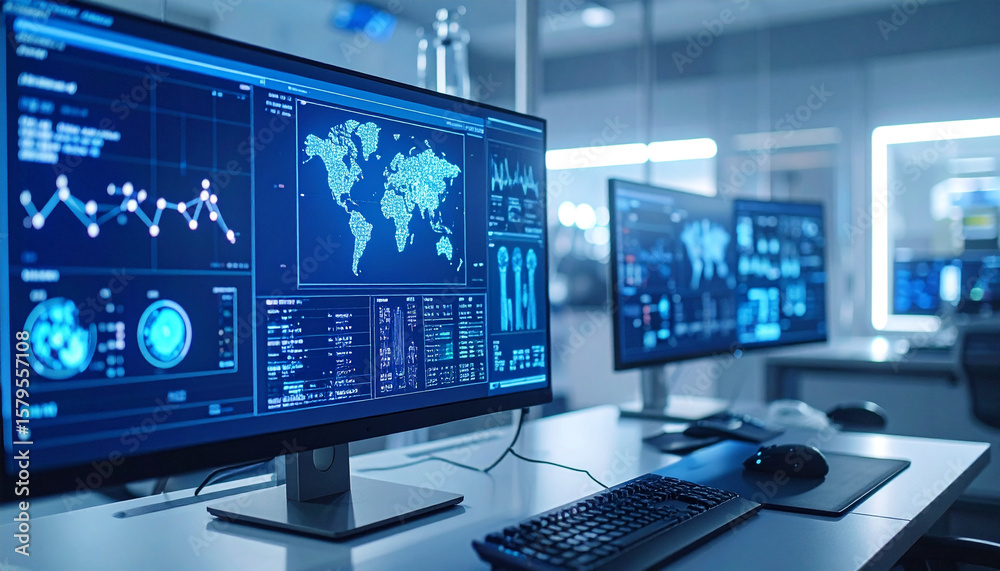 Fototapete Cyber Intelligence Hub: A modern command center pulses with data streams displayed across multiple monitors, showcasing the dynamism of digital world and technological interface.