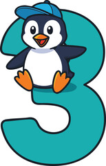 Obraz premium Cute cartoon penguin wearing blue cap sitting on large turquoise number three illustration for kids learning and education materials 
