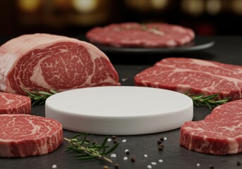 Various cuts of raw beef, artfully arranged with herbs and seasonings on a dark surface.