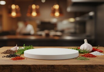 A vibrant kitchen scene with a white pedestal surrounded by flavorful spices and herbs.