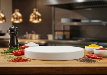 Wooden kitchen table with various spices, tomatoes, and an empty white podium.