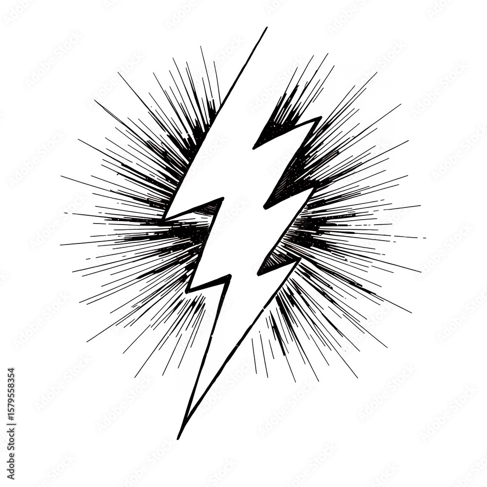 Poster lightning bolt with radiating lines creating a dynamic and energetic effect on transparent backgroun