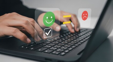 Person typing on a laptop with feedback icons showing positive and negative customer experience