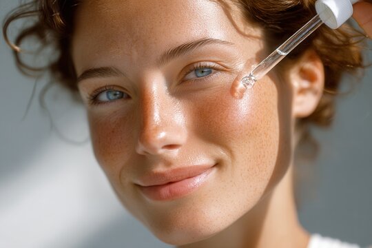 Glow of youth captured in soft natural light with a clear serum application