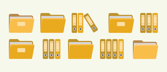 Collection of flat design yellow folders and binders for document organization
