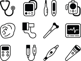 Fototapeta premium Collection of medical equipment icons representing healthcare and diagnostics