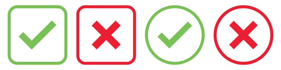 Fototapeta premium Set green approval check mark and red cross icons in circle and square, checklist signs, flat checkmark approval badge, isolated tick symbols