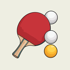 Red ping pong paddle with three balls white and yellow on a light background