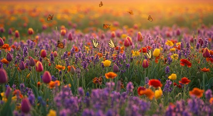 Naklejka premium Vibrant Meadow: Butterflies Dance Among Tulips and Lavender at Sunset