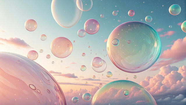 Surreal dreamscape of iridescent soap bubbles floating in a pastel sky at sunset - Powered by Adobe