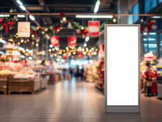 Vertical white billboard mockup in grocery store aisle with festive garlands and blurred Christmas signage and shoppers, indoor holiday sale concept
