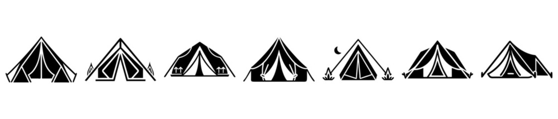A diverse collection of Camping Tents and Shelter designs in monochrome