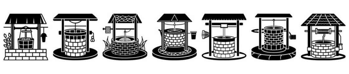 Different styles of water wells in black and white vector images