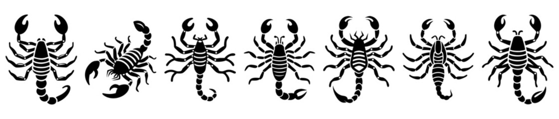 Scorpion silhouettes in various designs and poses showing different body parts