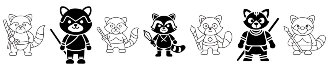 Raccoon warriors with spears and swords in black and white outline art