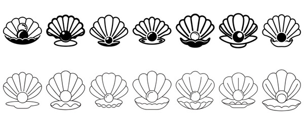 Collection of elegant seashell illustrations with pearls in outline and silhouette
