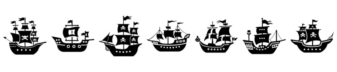 Black and White Pirate Ships Collection Vector Illustration Isolated on White Background