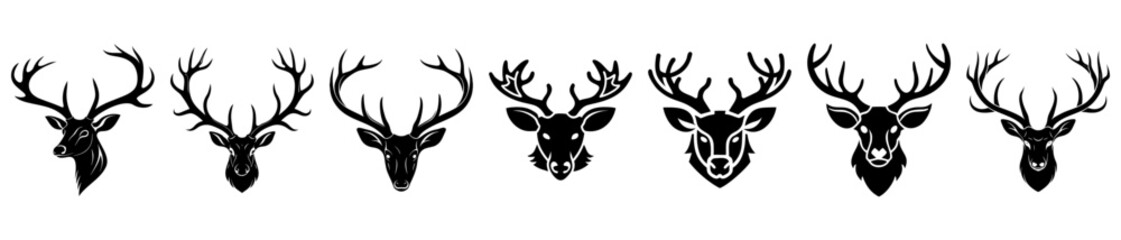A collection of black and white stenciled deer heads with diverse antlers